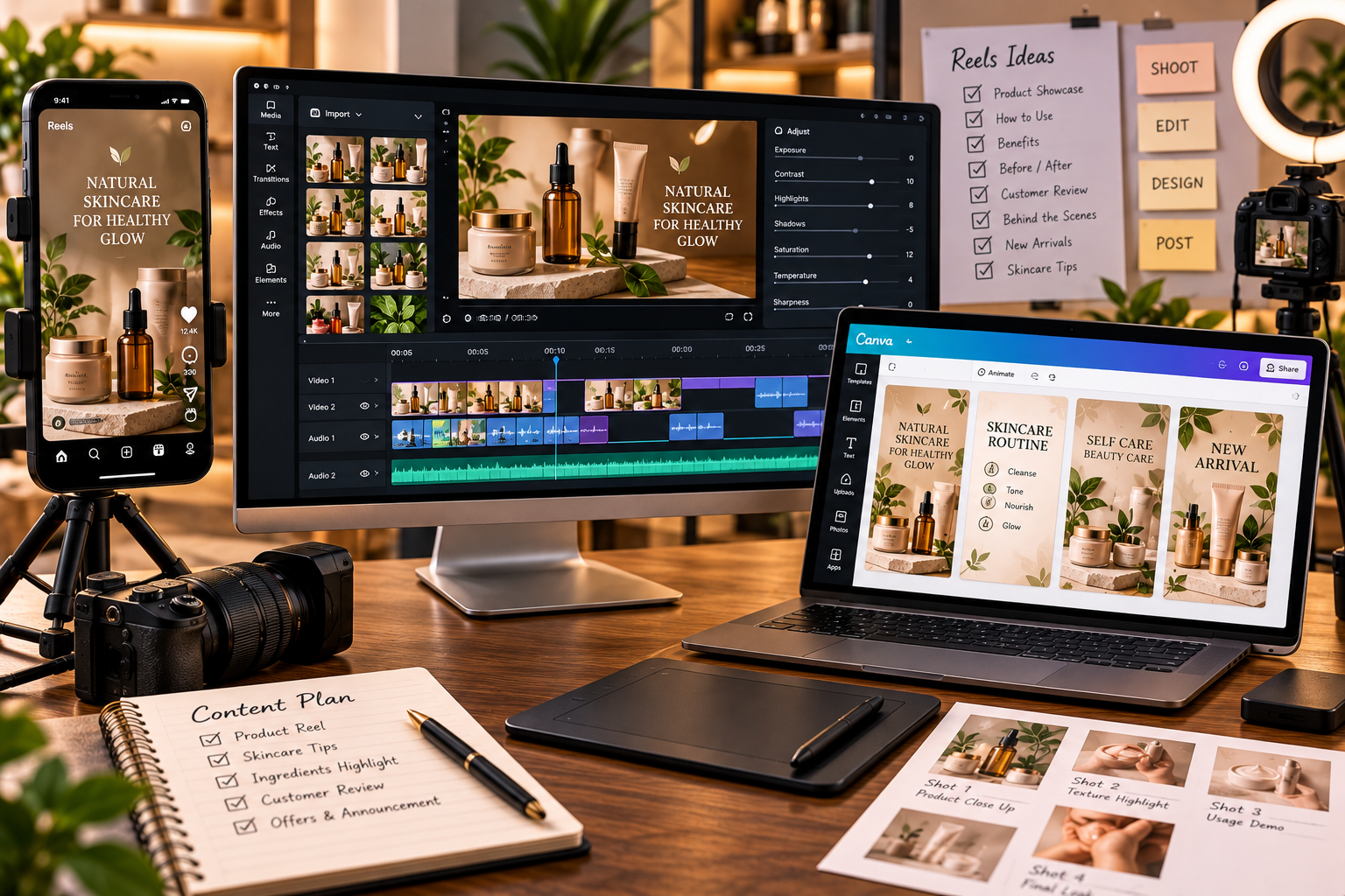 Video editing and reels content creation workspace